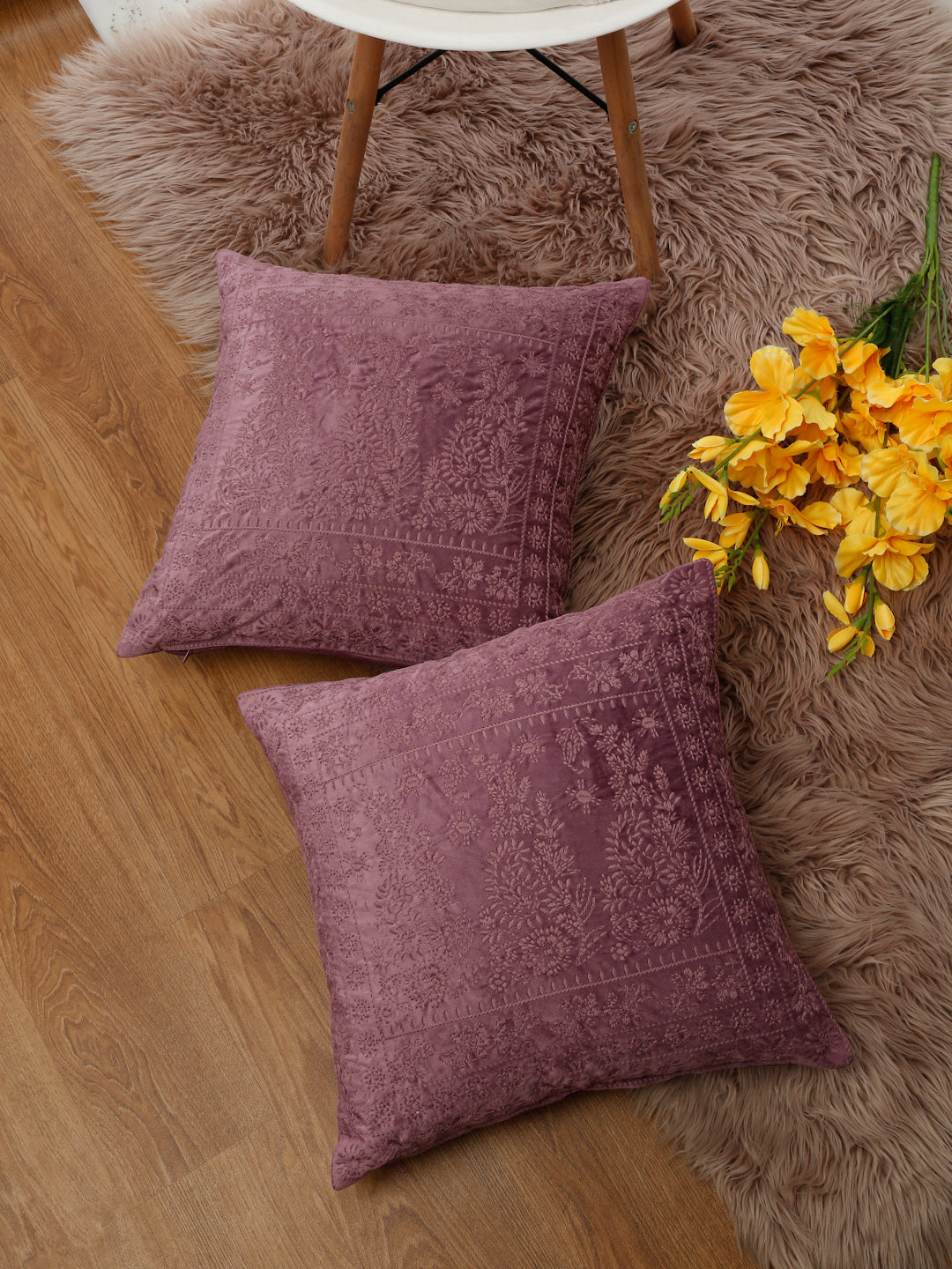 Eyda Purple Color Embroidered Velvet Cushion Covers Set of 2 - 18x18 inch