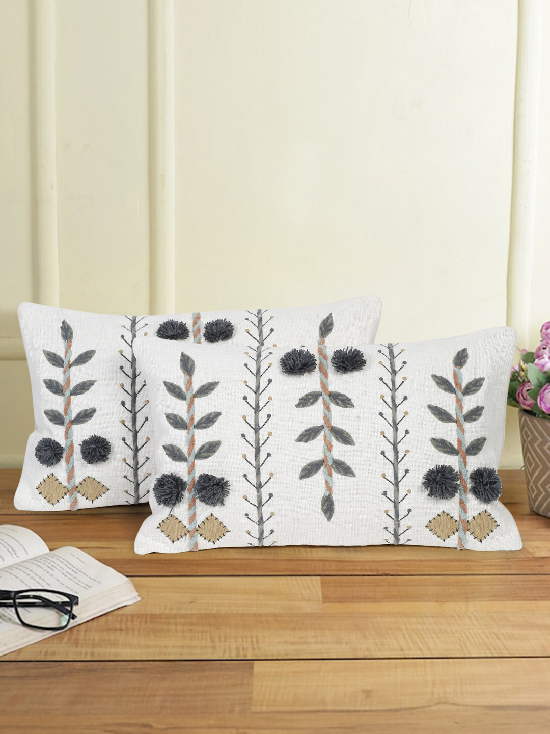 Eyda Embroidered Cotton Cushion Covers Set of 2-12x20 inch