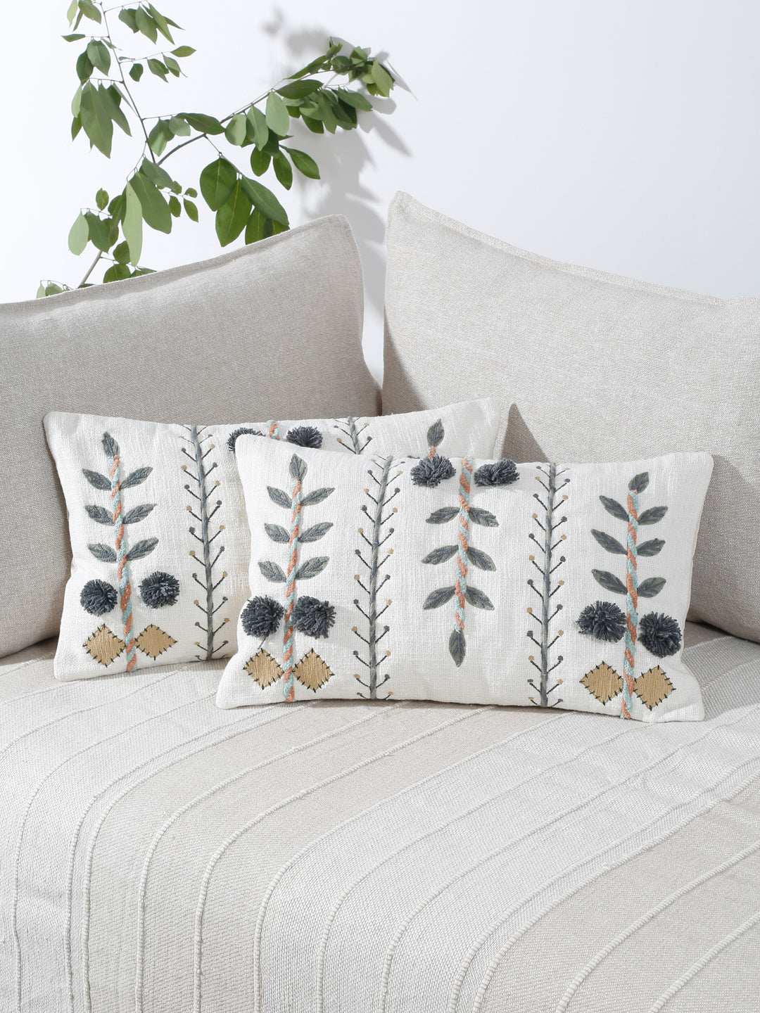 Eyda Embroidered Cotton Cushion Covers Set of 2-12x20 inch