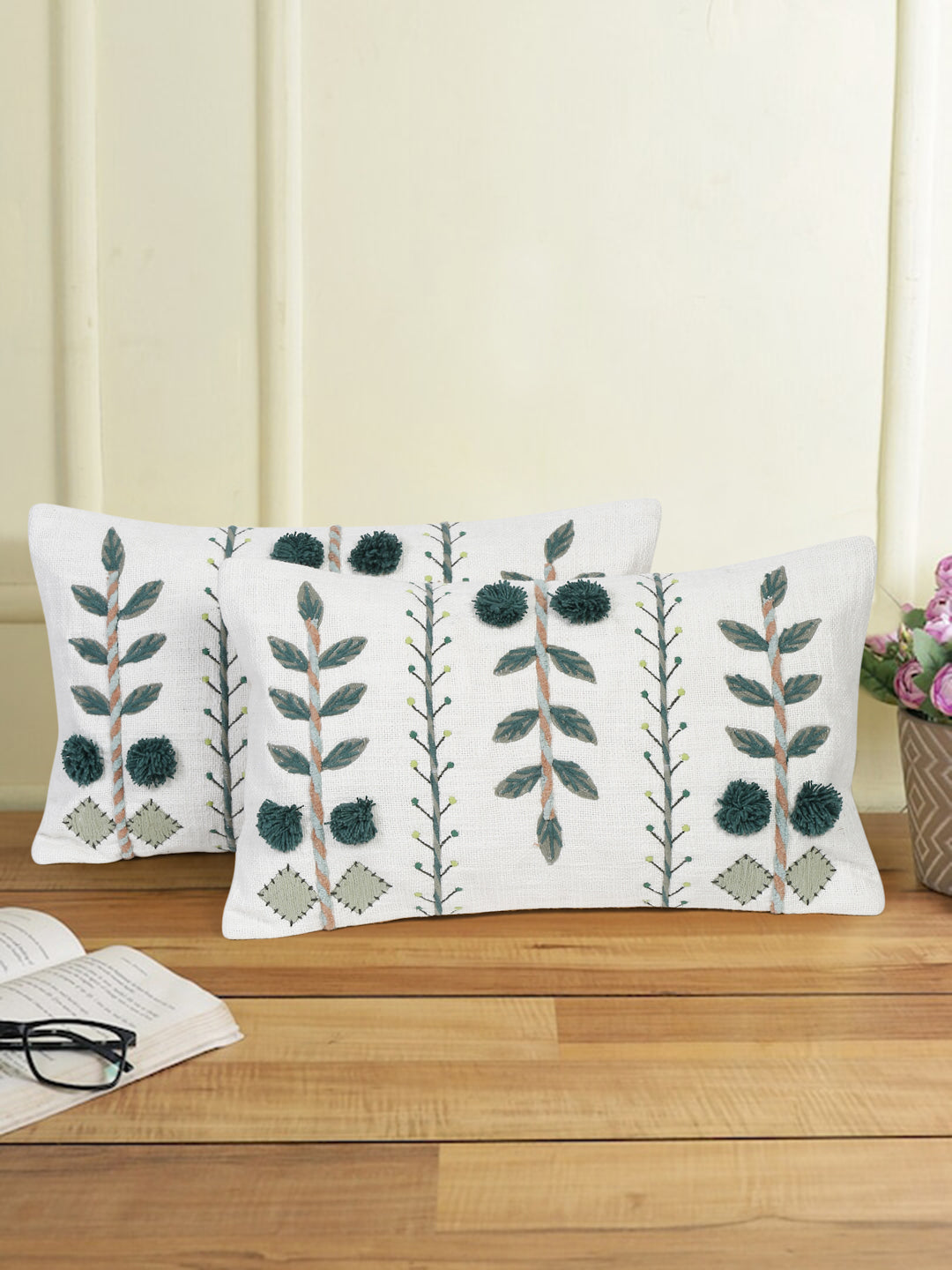 Eyda Embroidered Cotton Cushion Covers Set of 2-12x20 inch