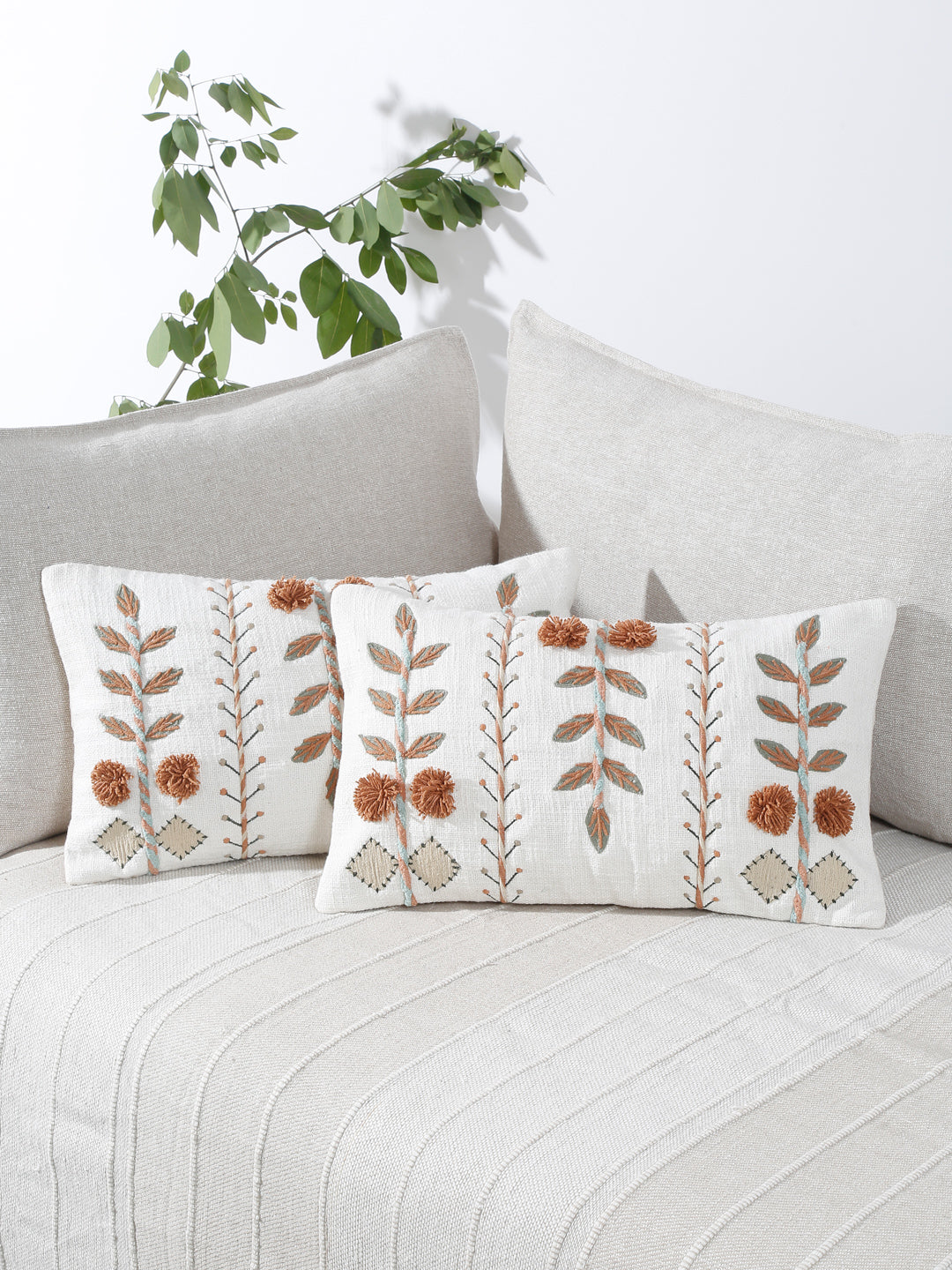 Eyda Embroidered Cotton Cushion Covers Set of 2-12x20 inch
