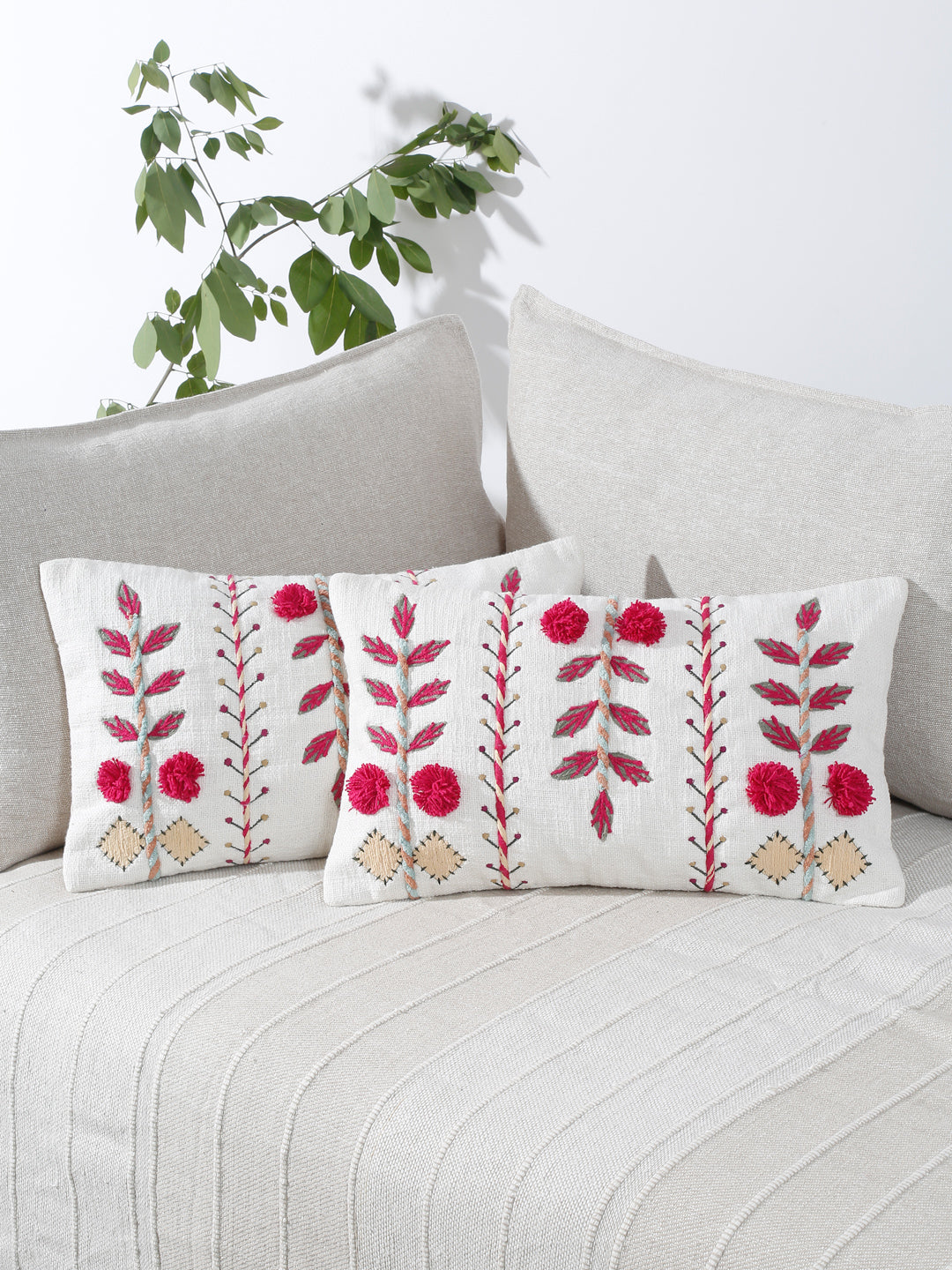 Eyda Embroidered Cotton Cushion Covers Set of 2-12x20 inch