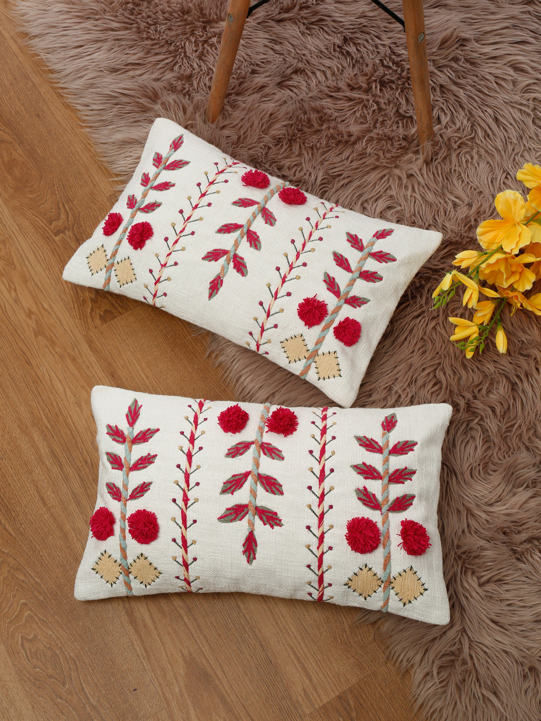 Eyda Embroidered Cotton Cushion Covers Set of 2-12x20 inch