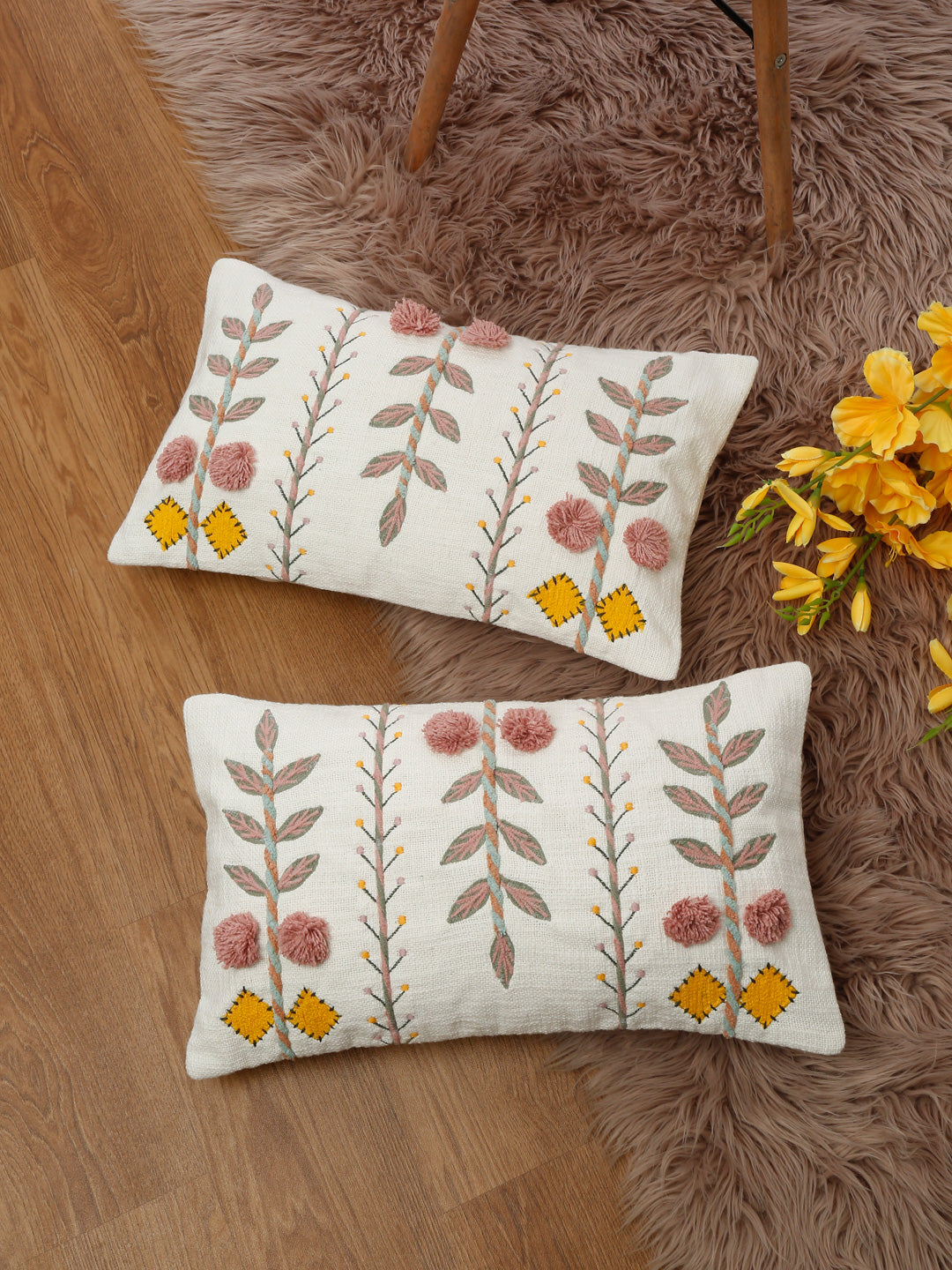 Eyda Embroidered Cotton Cushion Covers Set of 2-12x20 inch