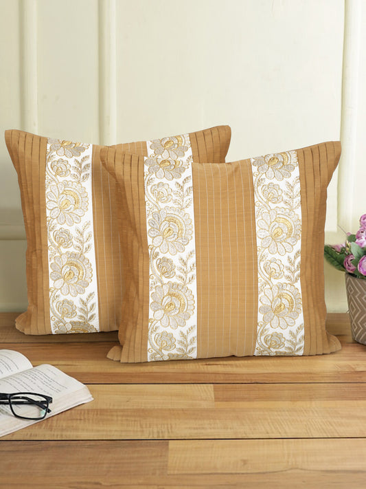 Eyda Beige and White Color Embroidered Cushion Cover Set of 2-16x16 inch