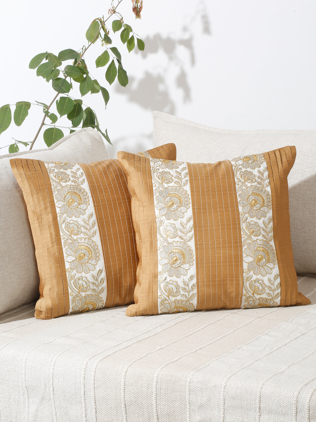 Eyda Beige and White Color Embroidered Cushion Cover Set of 2-16x16 inch