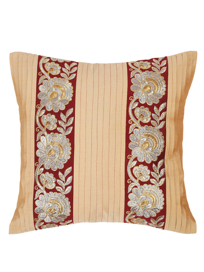 Eyda Beige and Red Color Embroidered Cushion Cover Set of 2-16x16 inch