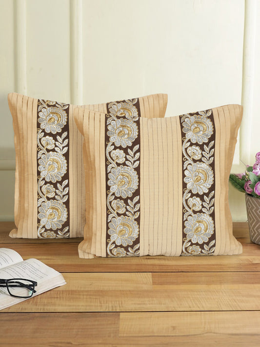 Eyda Beige and Brown Color Embroidered Cushion Cover Set of 2-16x16 inch
