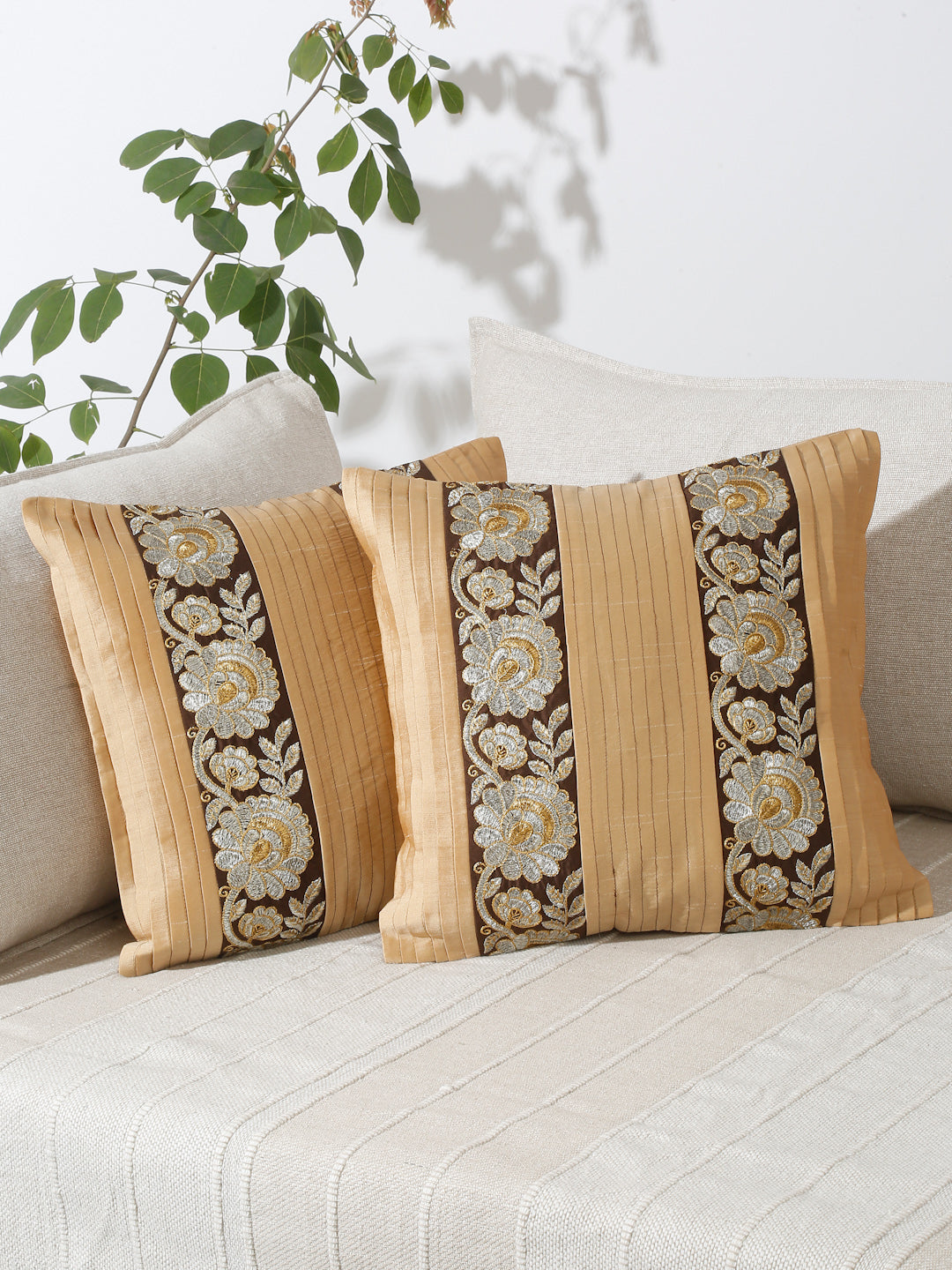 Eyda Beige and Brown Color Embroidered Cushion Cover Set of 2-16x16 inch