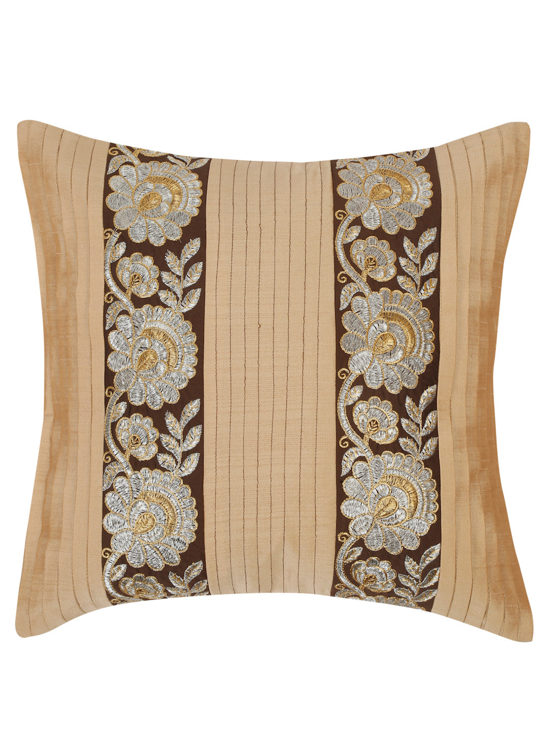 Eyda Beige and Brown Color Embroidered Cushion Cover Set of 2-16x16 inch