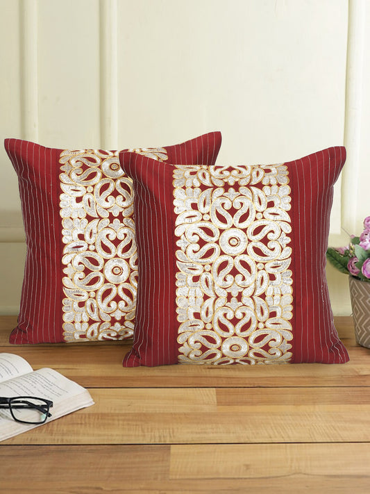 Eyda Maroon and Silver Color Embroidered Cushion Cover Set of 2-16x16 inch