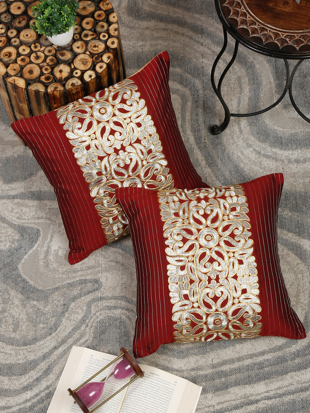 Eyda Maroon and Silver Color Embroidered Cushion Cover Set of 2-16x16 inch