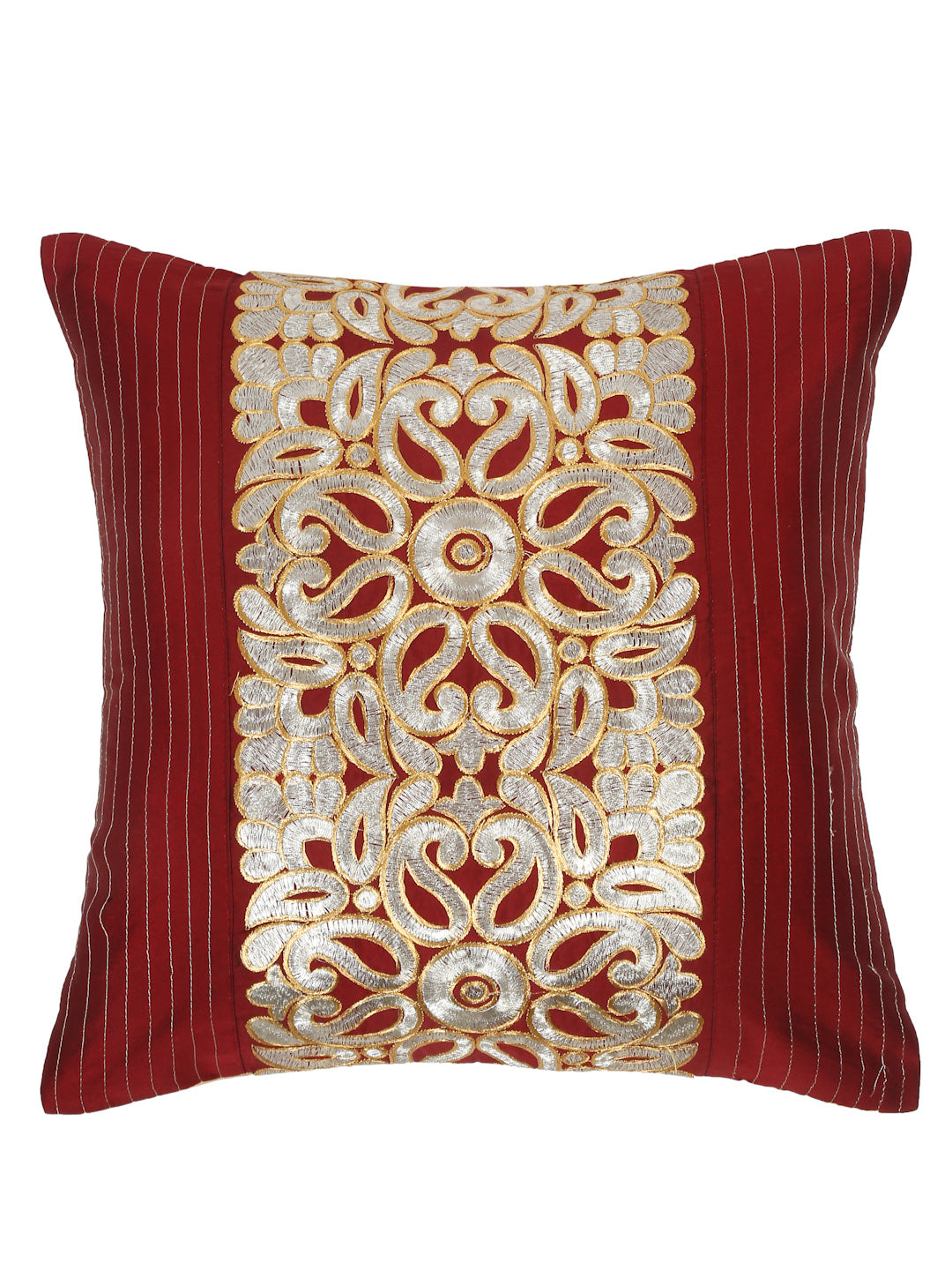 Eyda Maroon and Silver Color Embroidered Cushion Cover Set of 2-16x16 inch