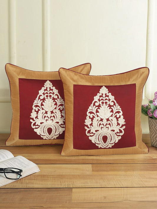 Eyda Maroon and Copper Color Embroidered Cushion Cover Set of 2-16x16 inch