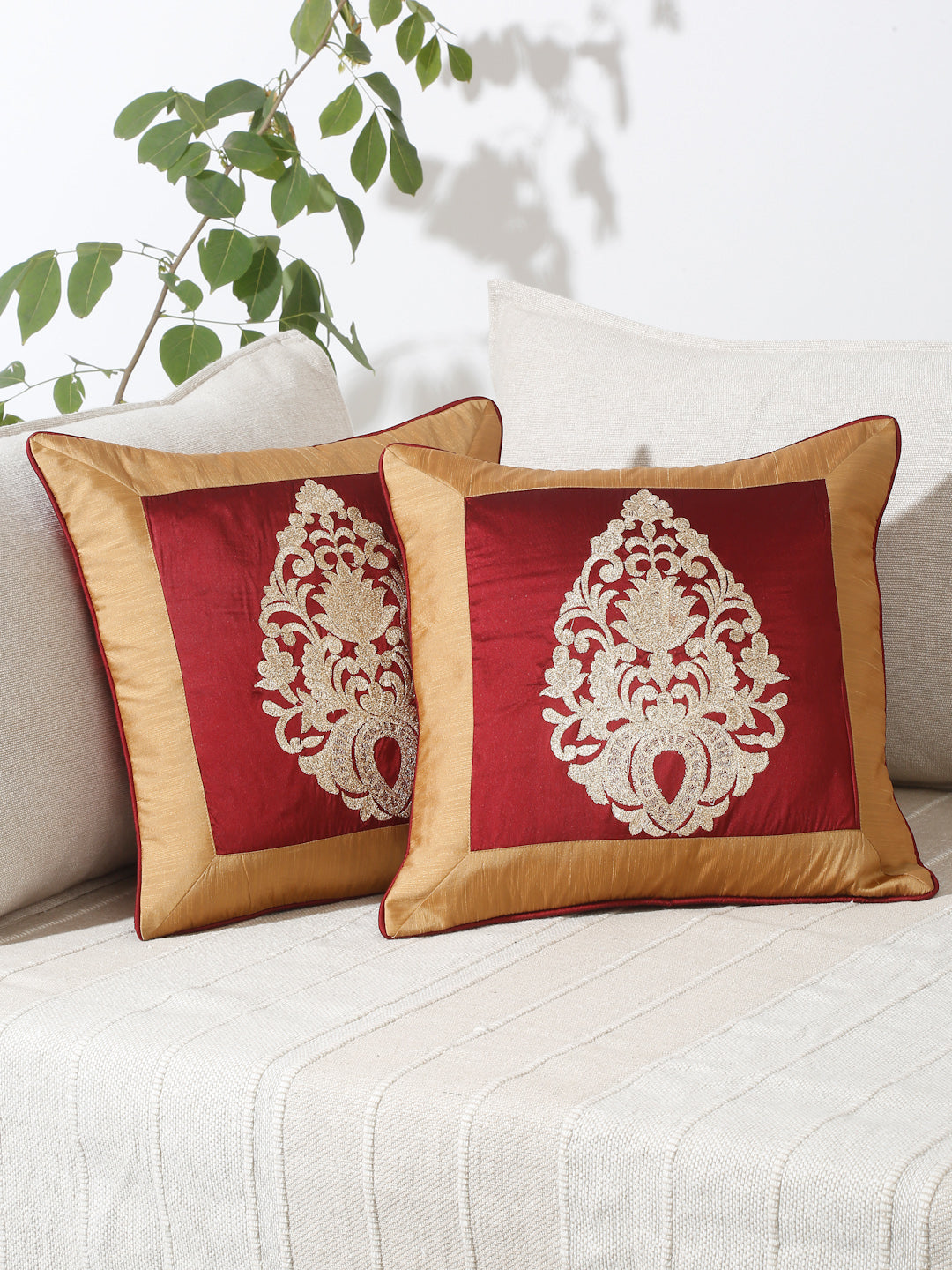 Eyda Maroon and Copper Color Embroidered Cushion Cover Set of 2-16x16 inch
