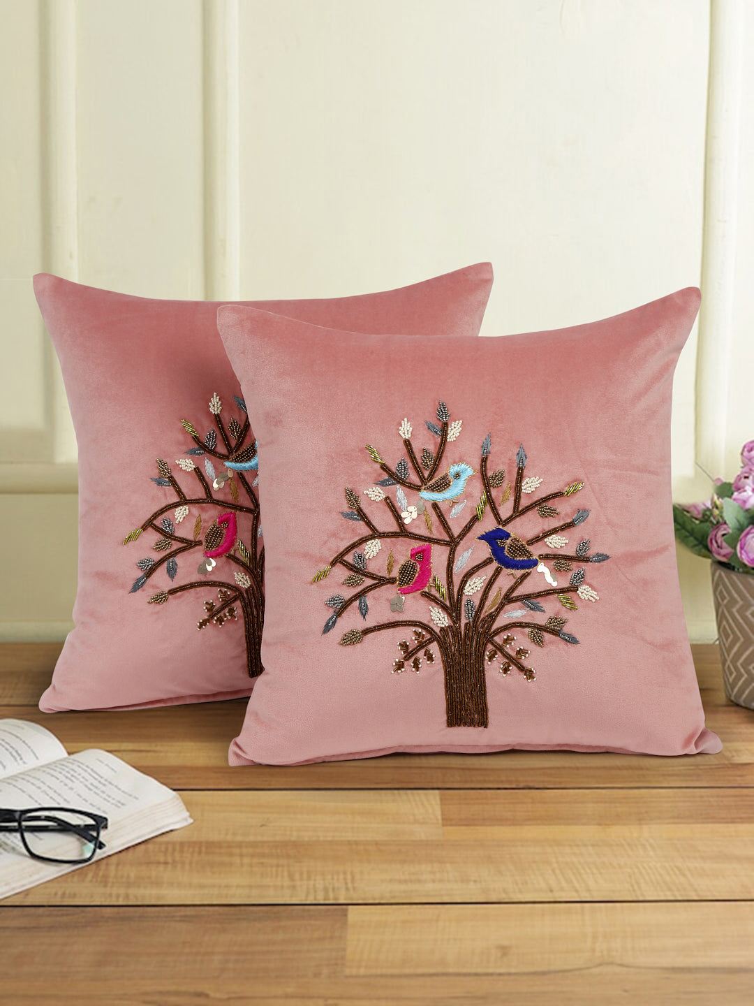 Eyda Pink Velvet Embroidered Cushion Cover Set of 2