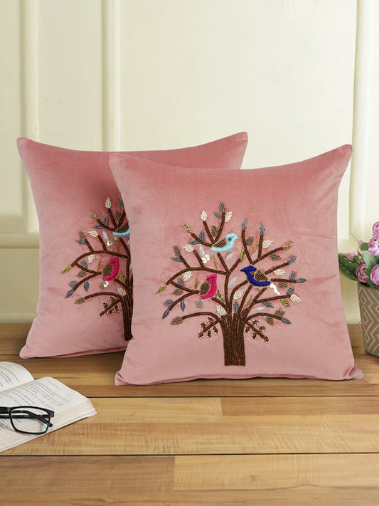 Eyda Pink Velvet Embroidered Cushion Cover Set of 2