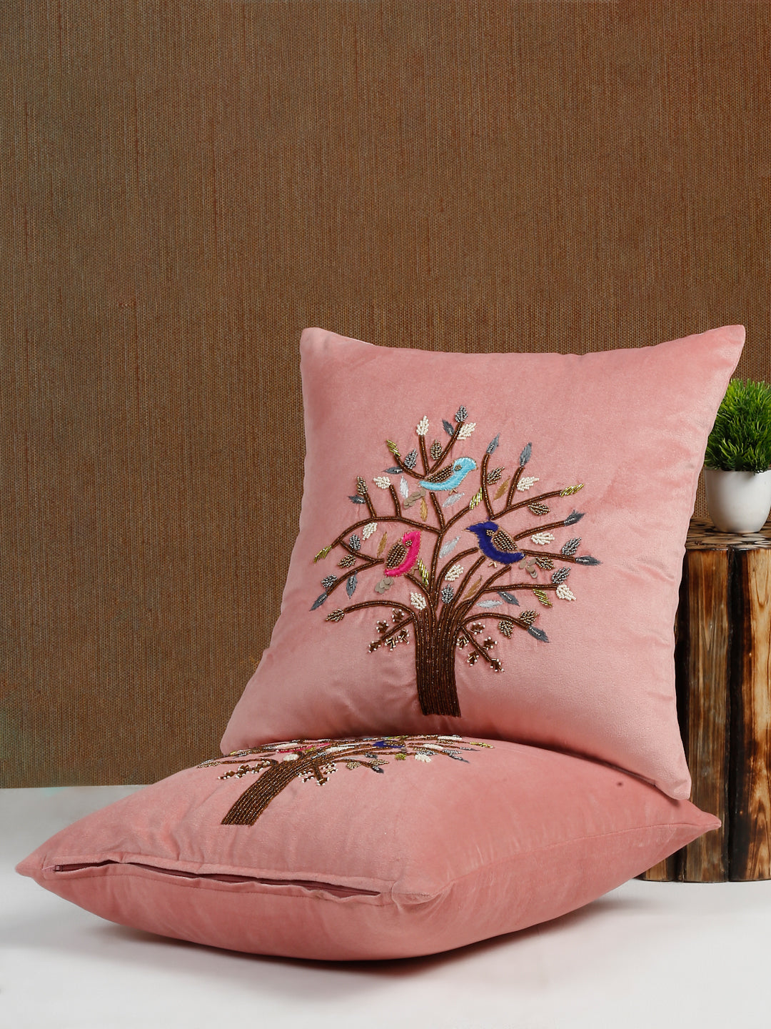 Eyda Pink Velvet Embroidered Cushion Cover Set of 2