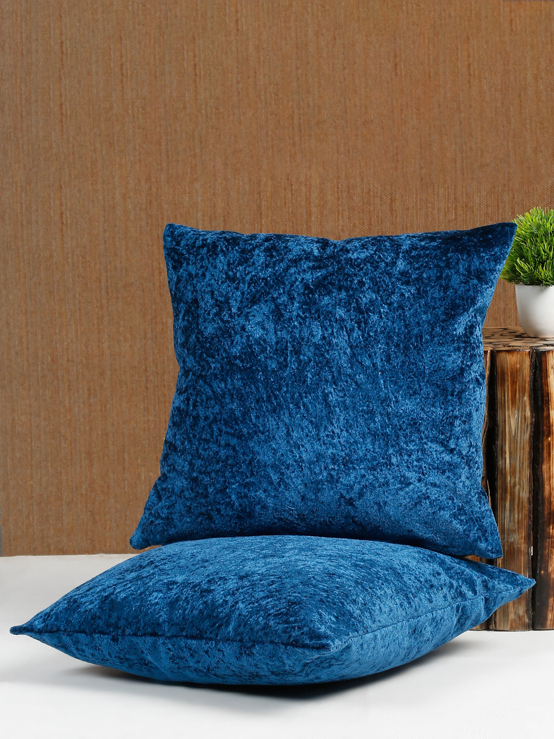 Eyda Blue Velvet Solid Cushion Cover Set of 2