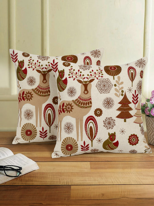 Eyda Beige Cotton Linen Embroidered Cushion Cover Set of 2