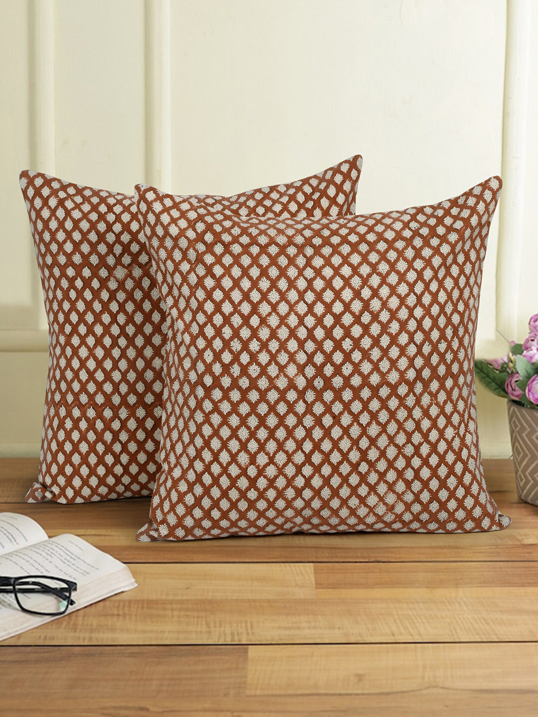 Eyda Rust Cotton Hand Block Cushion Cover Set of 2