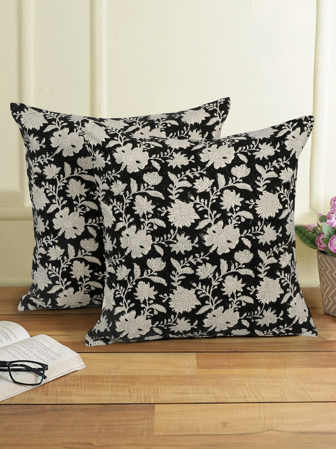 Eyda Black Cotton Hand Block Cushion Cover Set of 2