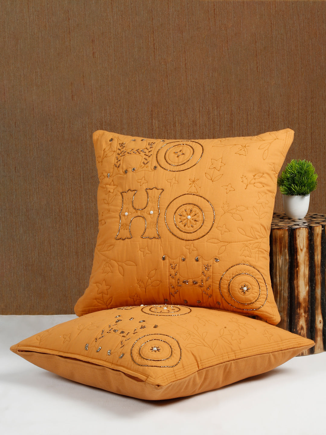 Eyda Orange Cotton Quilted Cushion Cover Set of 2