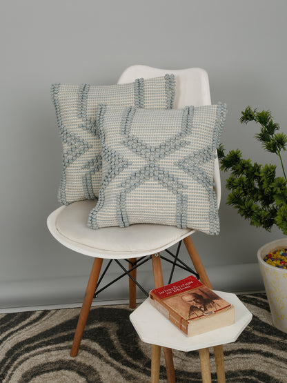 Eyda Aqua Blue Cotton Hand Woven Cushion Cover Set of 2