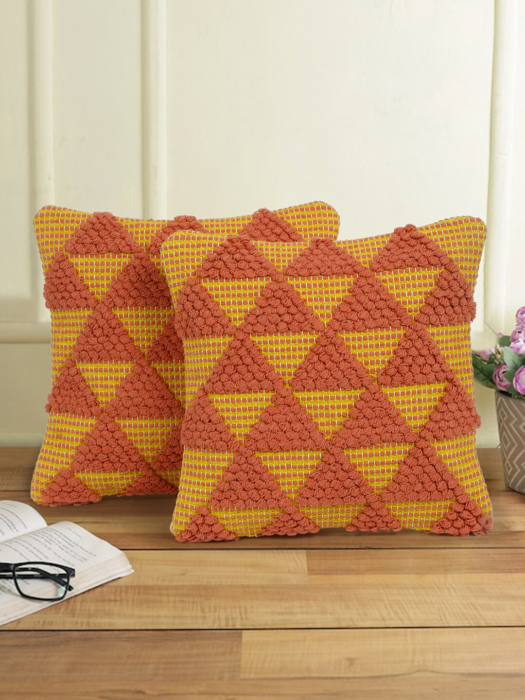 Eyda Yellow & Peach Cotton Hand Woven Cushion Cover Set of 2