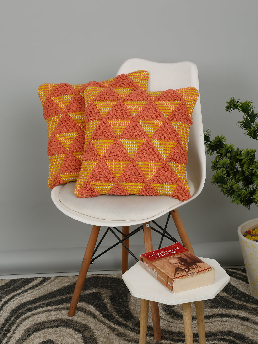 Eyda Yellow & Peach Cotton Hand Woven Cushion Cover Set of 2