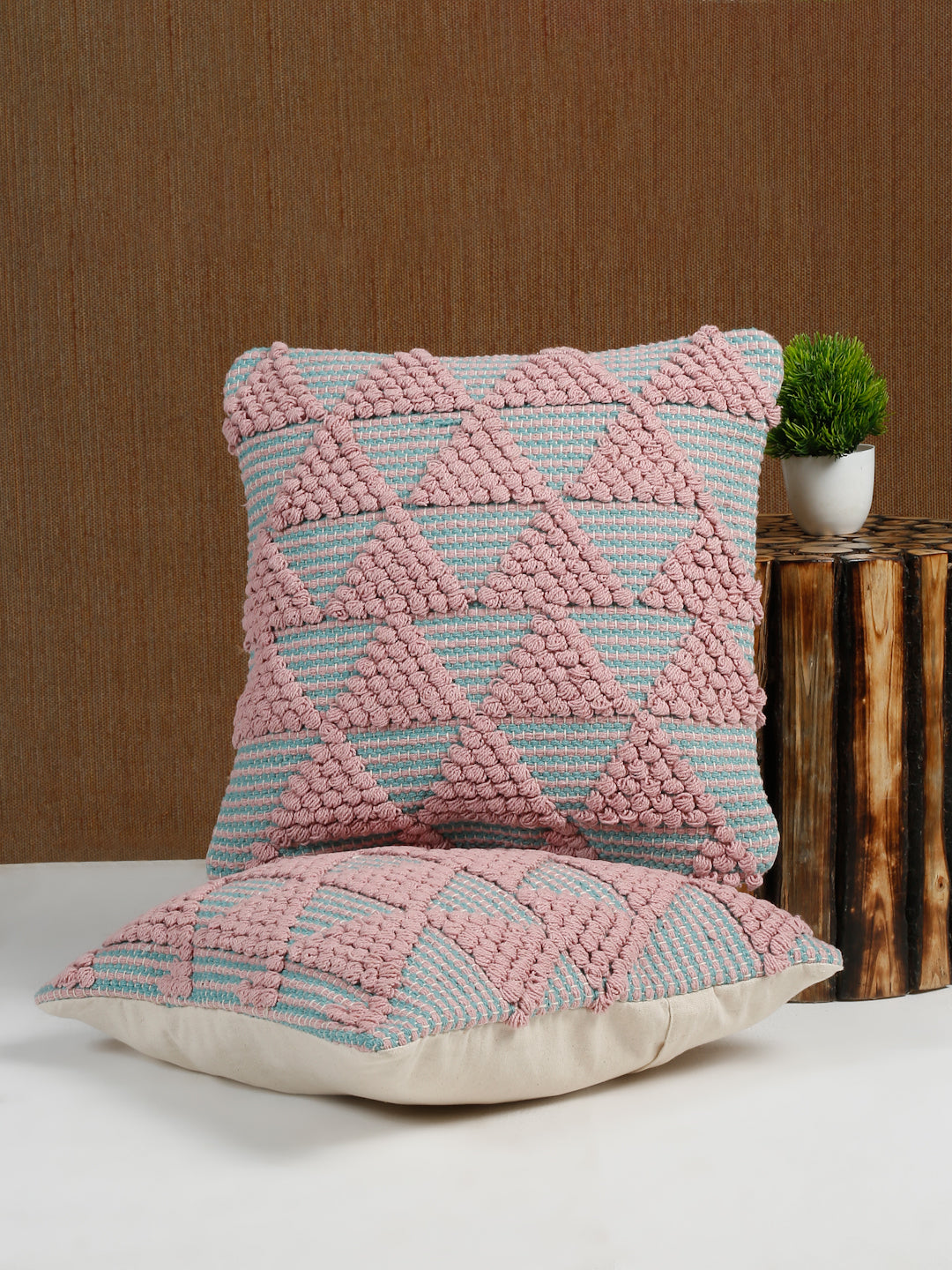 Eyda Aqua & Pink Cotton Hand Woven Cushion Cover Set of 2