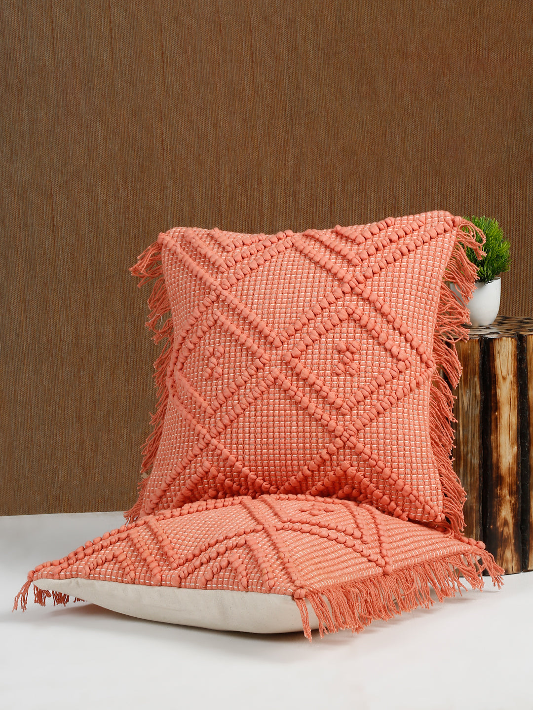 Eyda Peach Cotton Hand Woven Cushion Cover Set of 2