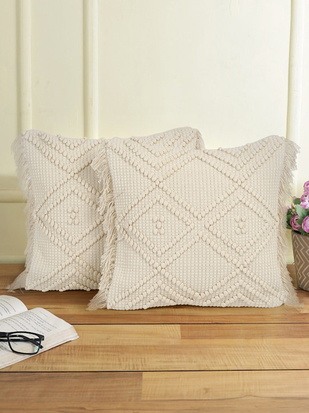 Eyda Ivory Cotton Hand Woven Cushion Cover Set of 2