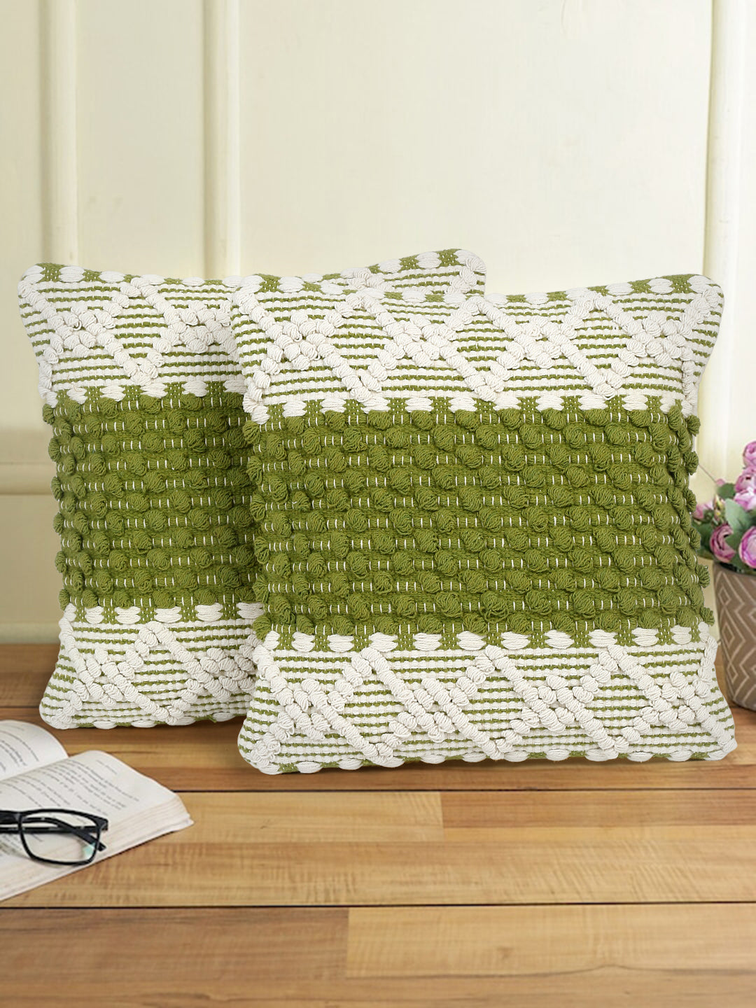 Eyda White & Green Cotton Hand Woven Cushion Cover Set of 2
