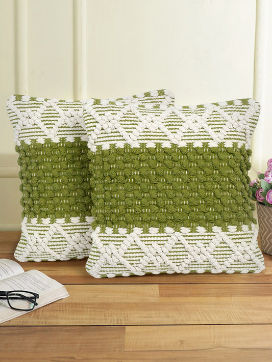 Eyda White & Green Cotton Hand Woven Cushion Cover Set of 2