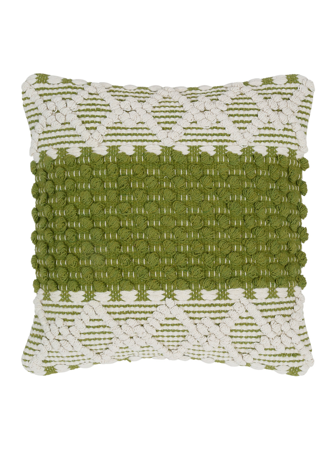 Eyda White & Green Cotton Hand Woven Cushion Cover Set of 2