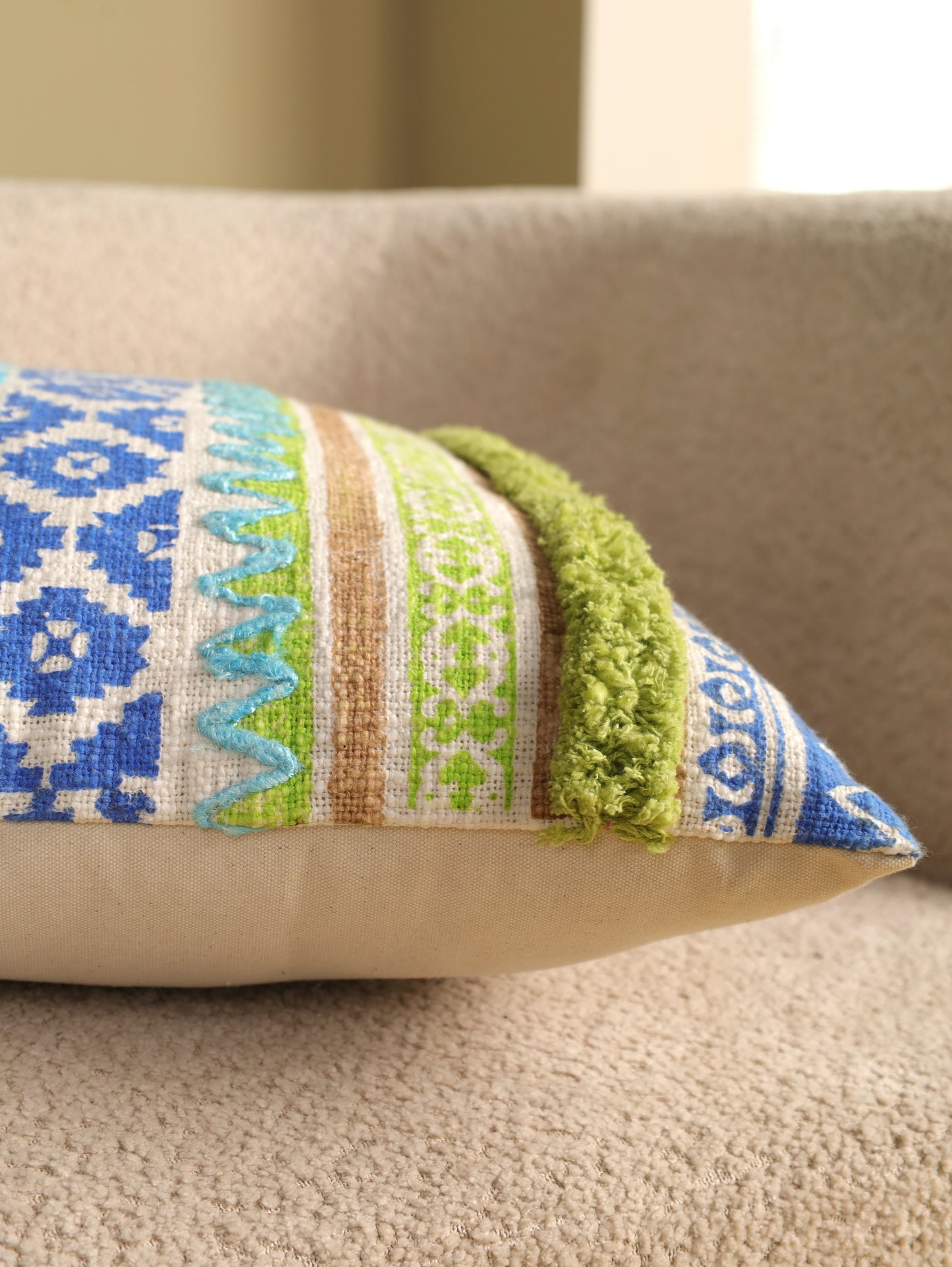 Blue & Green  Boho Hand Block Printed & Embroidered Cushion Cover