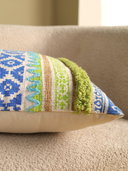 Blue & Green  Boho Hand Block Printed & Embroidered Cushion Cover