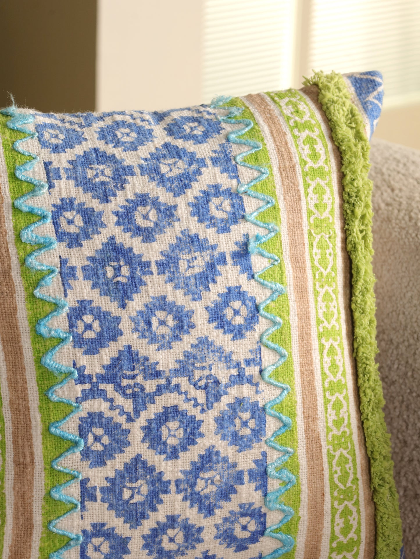 Blue & Green  Boho Hand Block Printed & Embroidered Cushion Cover