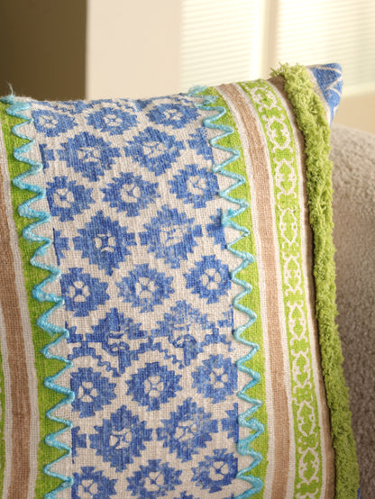 Blue & Green  Boho Hand Block Printed & Embroidered Cushion Cover