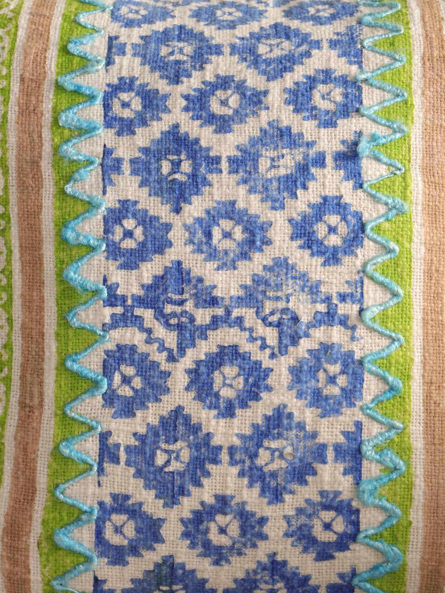 Blue & Green  Boho Hand Block Printed & Embroidered Cushion Cover