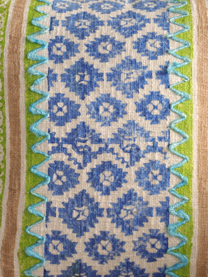 Blue & Green  Boho Hand Block Printed & Embroidered Cushion Cover
