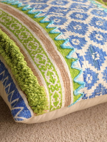 Blue & Green  Boho Hand Block Printed & Embroidered Cushion Cover
