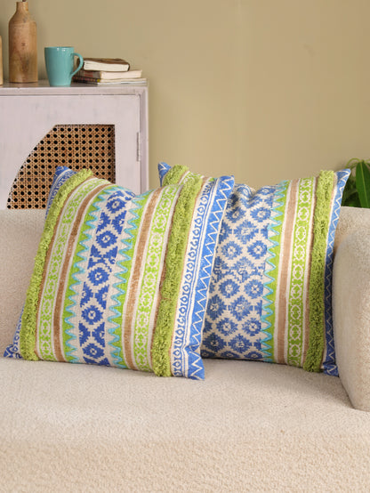 Blue & Green  Boho Hand Block Printed & Embroidered Cushion Cover