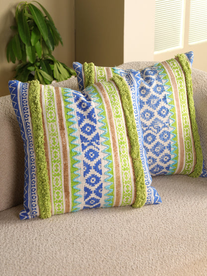 Blue & Green  Boho Hand Block Printed & Embroidered Cushion Cover