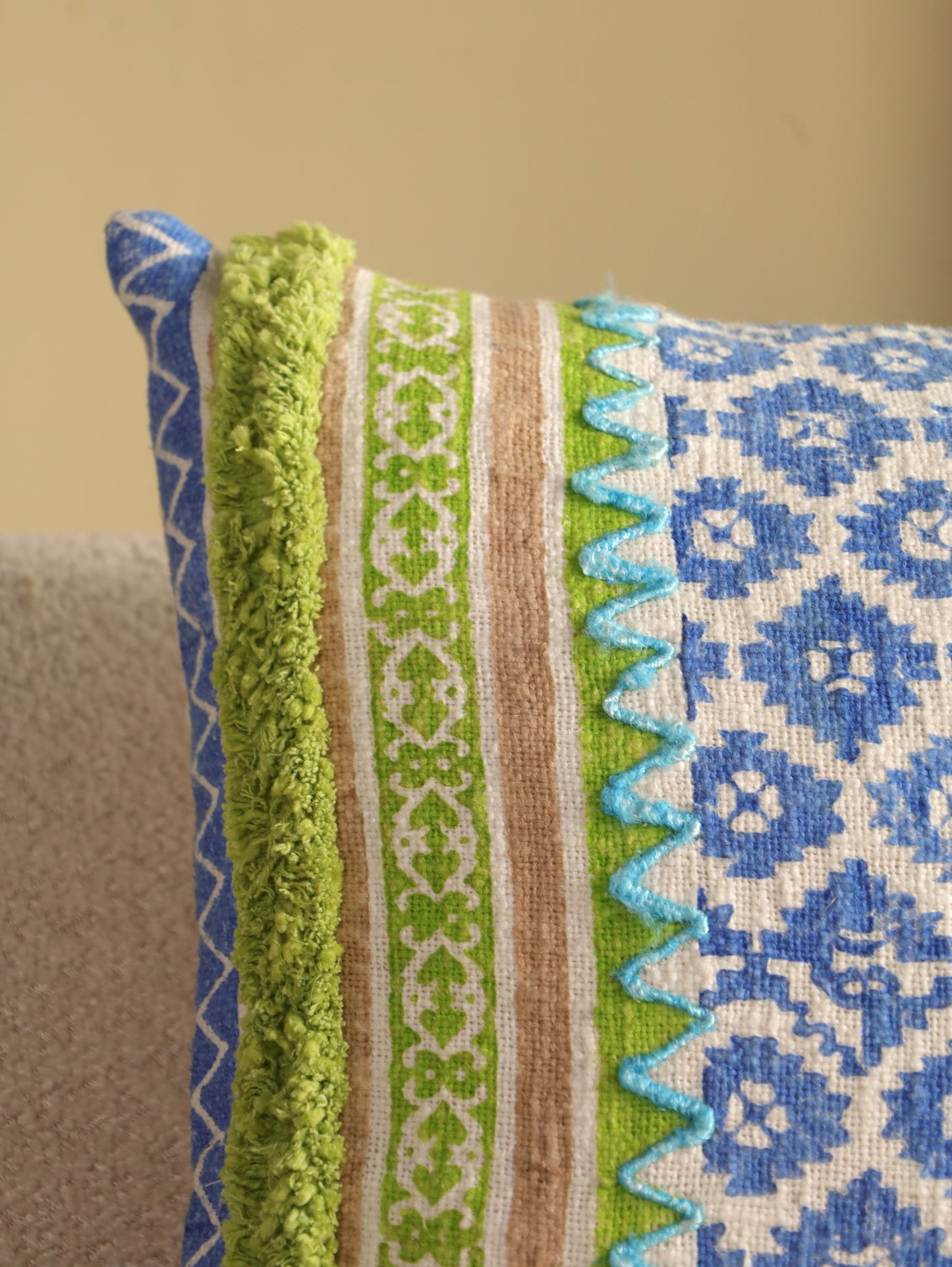 Blue & Green  Boho Hand Block Printed & Embroidered Cushion Cover