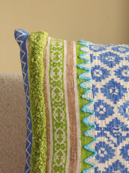 Blue & Green  Boho Hand Block Printed & Embroidered Cushion Cover