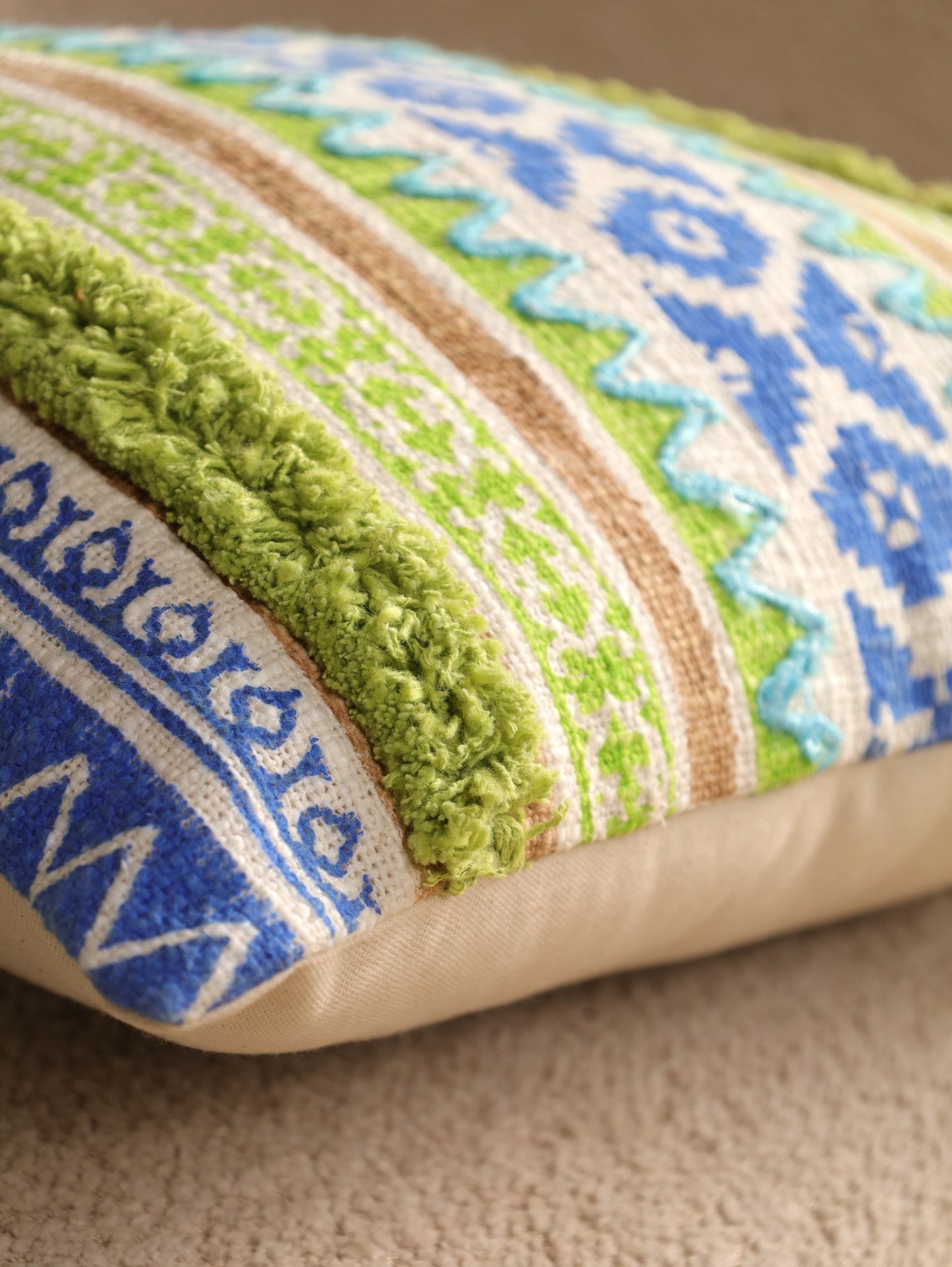 Blue & Green  Boho Hand Block Printed & Embroidered Cushion Cover