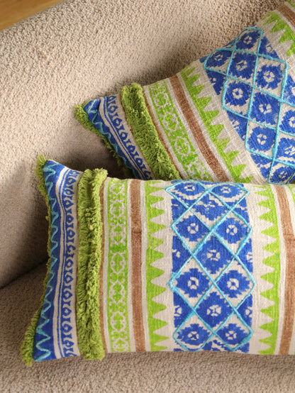 Blue  & Green Boho  Hand Block Printed & Embroidered Cushion Cover