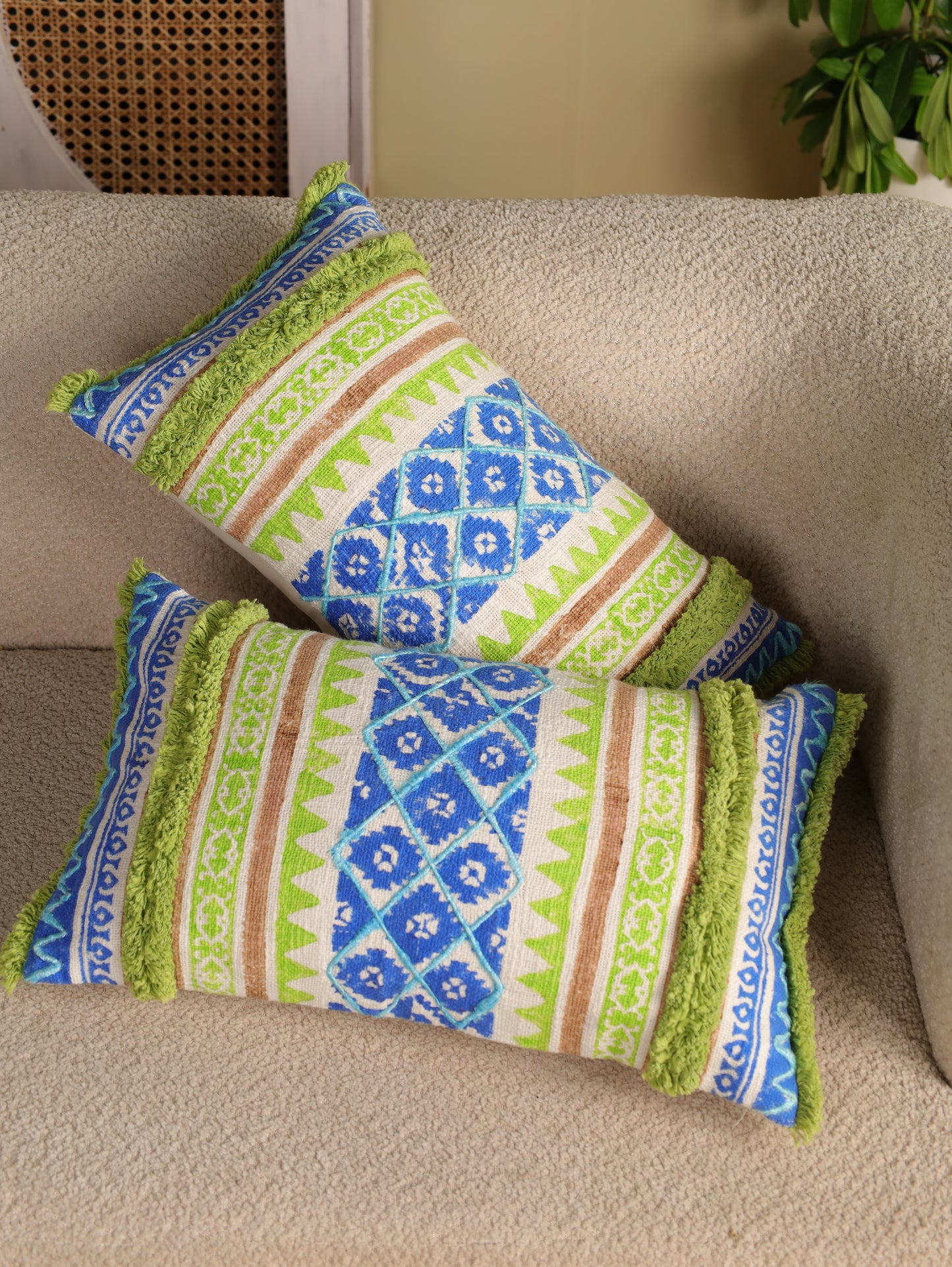 Blue  & Green Boho  Hand Block Printed & Embroidered Cushion Cover